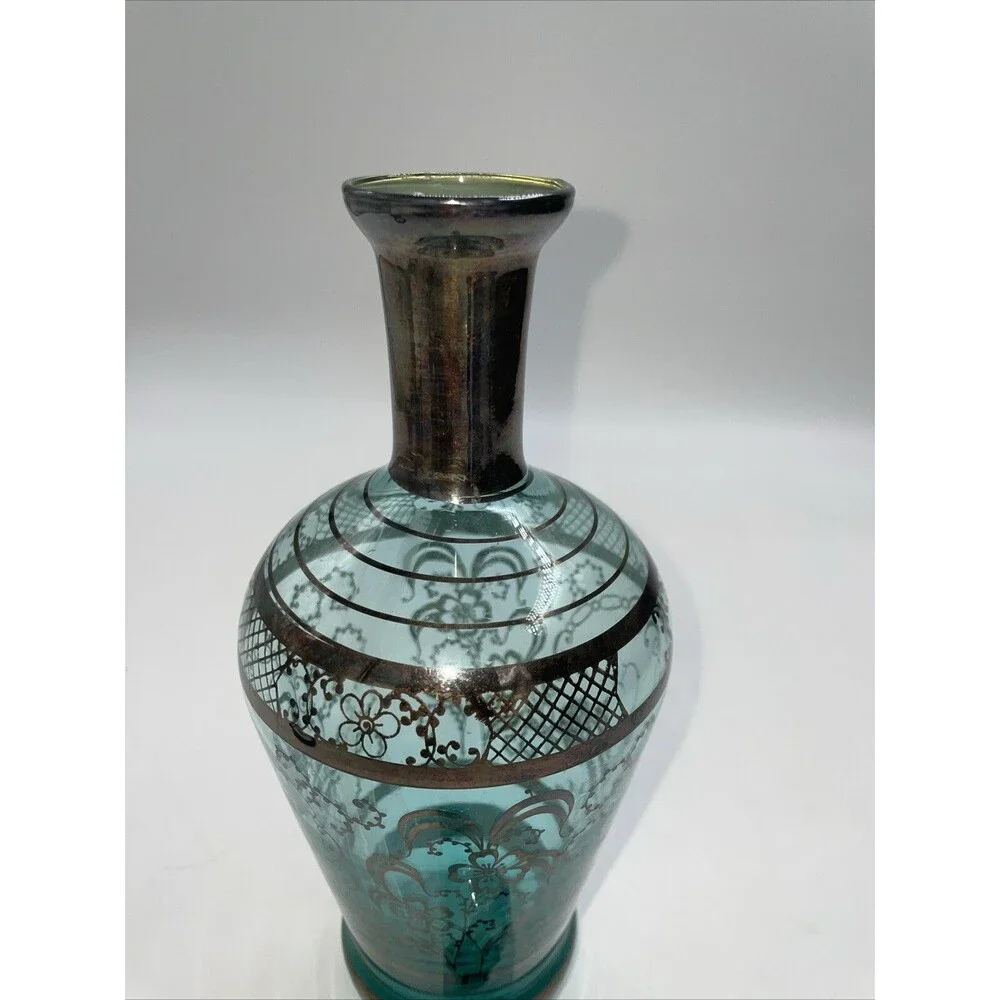 VINTAGE Art Deco Venetian Hand Blown Silver Overlay Glass Decanter 3 Cordials